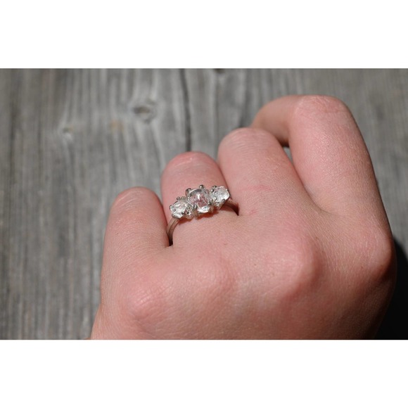 Three Stone Raw Diamond Engagement Ring, Rough Diamond Wedding Band, Uni… - Picture 3 of 7